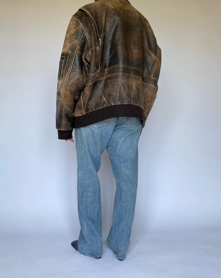 VINTAGE BROWN OVERSIZED BOMBER LIKE LEATHER JACKET 4930