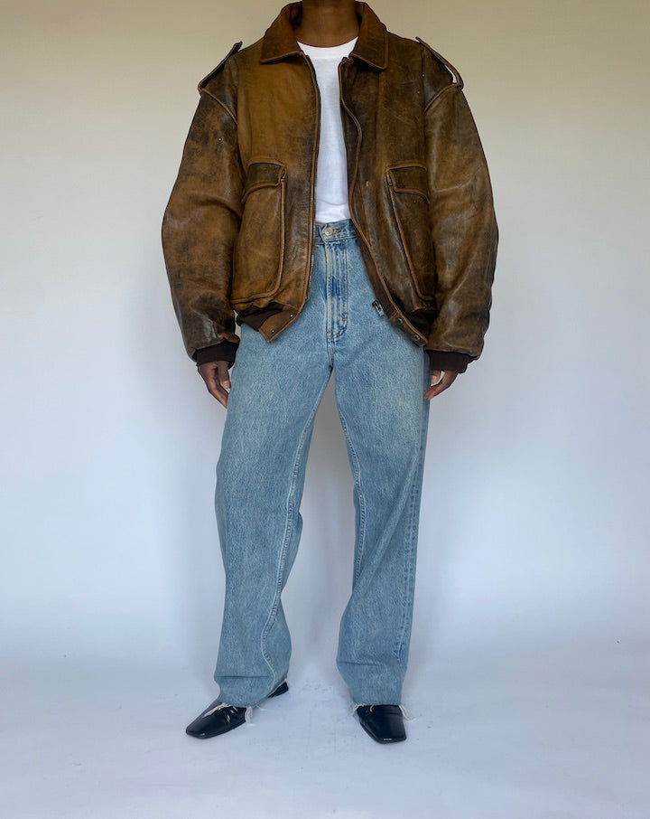 VINTAGE BROWN OVERSIZED BOMBER LIKE LEATHER JACKET 4939