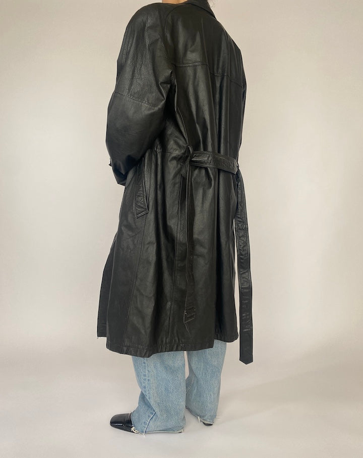 VINTAGE LONG BLACK LEATHER JACKET 4683