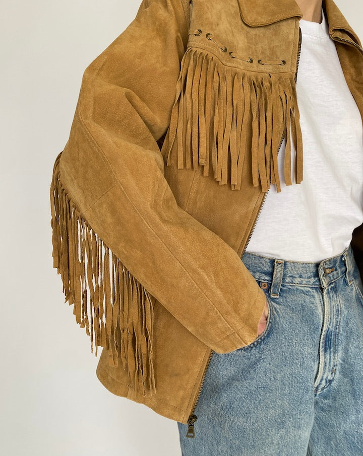 VINTAGE HONEY BROWN FRINGE SUEDE LEATHER JACKET 4785