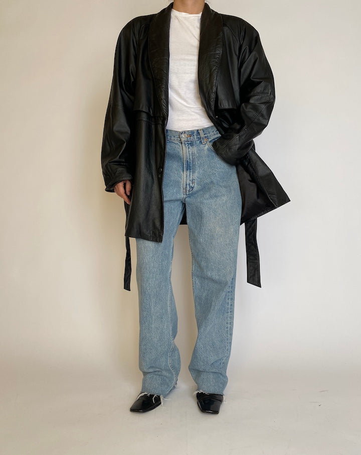 VINTAGE BLACK TRENCH LEATHER JACKET 4574