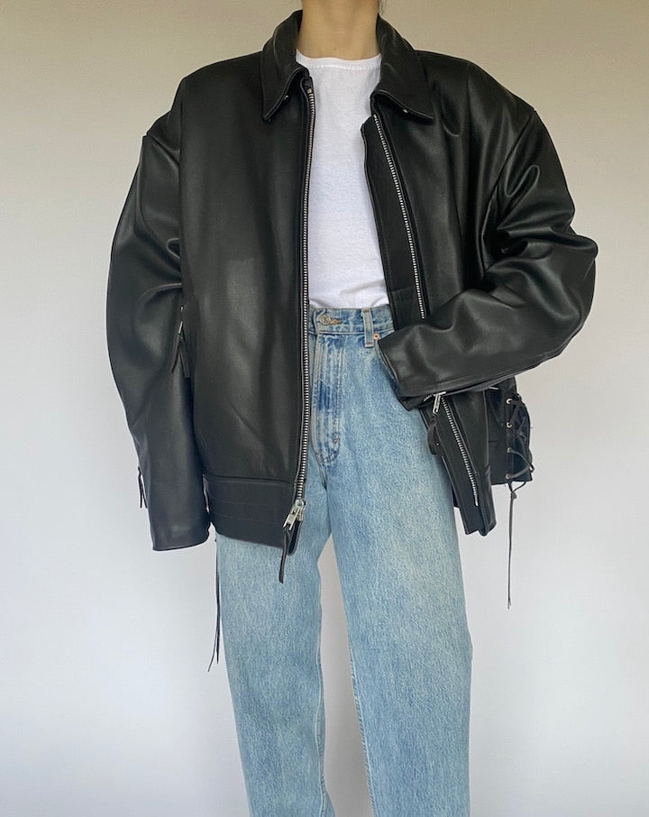 VINTAGE BLACK OVERSIZED LEATHER JACKET 4774