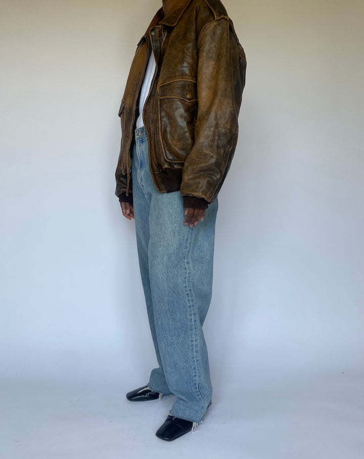 VINTAGE BROWN OVERSIZED BOMBER LIKE LEATHER JACKET 4939