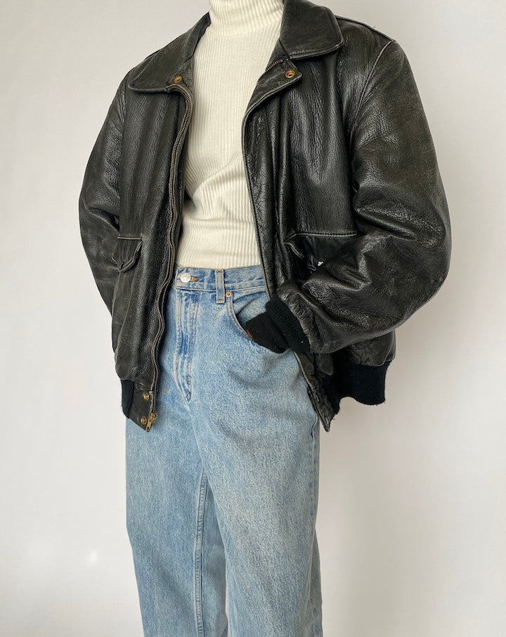 VINTAGE BLACK BOMBER LEATHER JACKET 4441