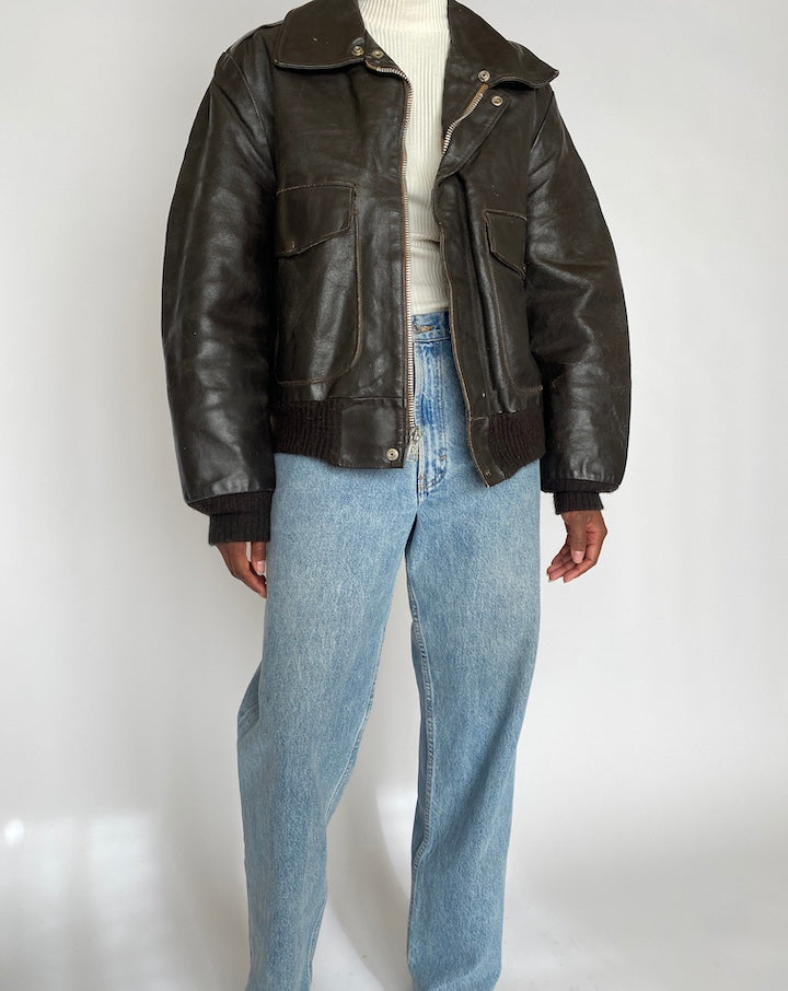 VINTAGE DARK BROWN BOMBER-LIKE LEATHER JACKET 4436