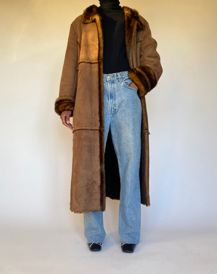 VINTAGE LONG BROWN FAUX FUR COAT 4309