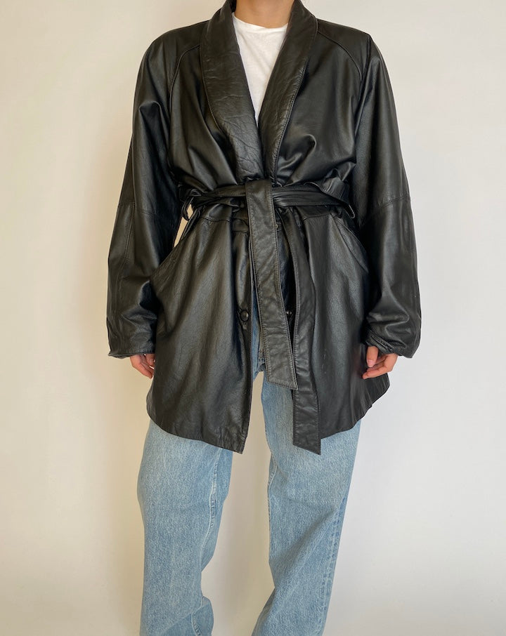 VINTAGE BLACK TRENCH LEATHER JACKET 4574