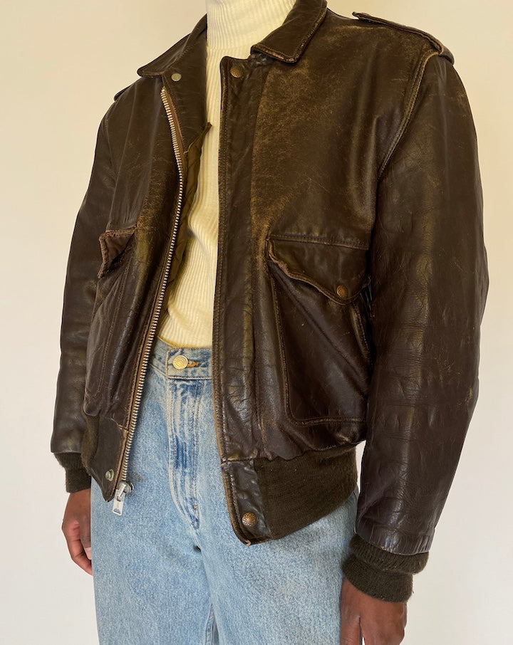 VINTAGE DARK BROWN BOMBER LEATHER JACKET 4442