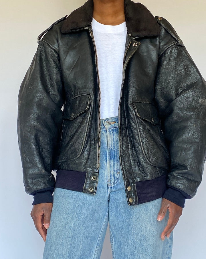 Vintage Oversized Black Bomber Like Leather Jacket 4982
