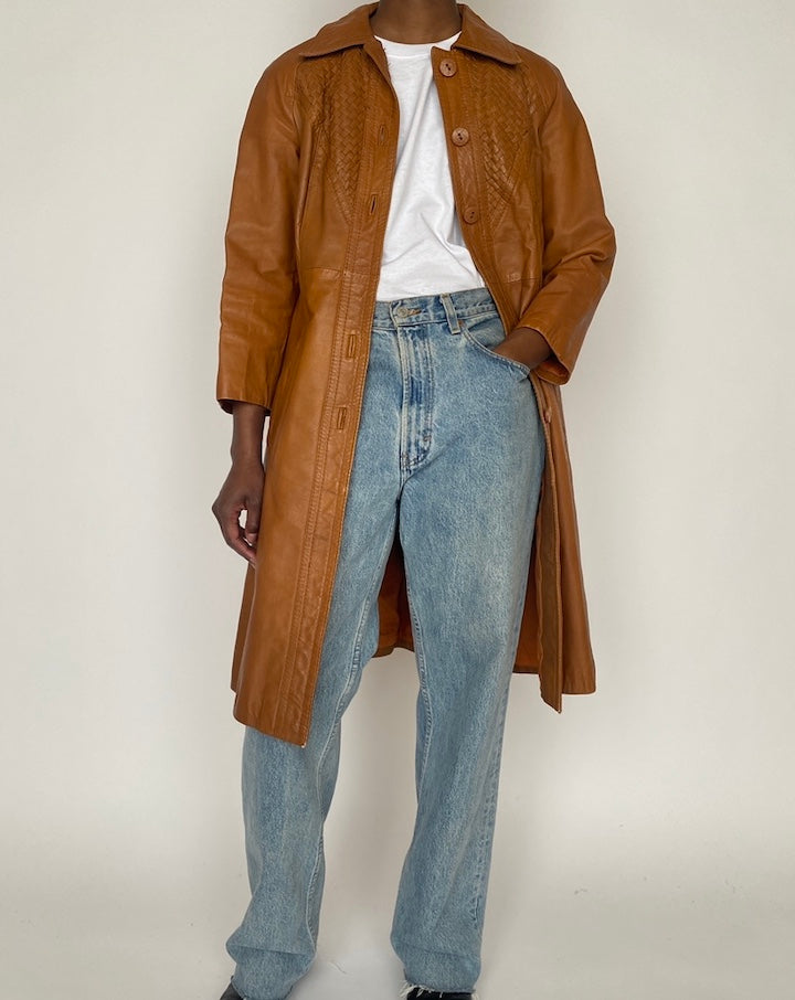 VINTAGE BROWN LONG LEATHER JACKET 4610
