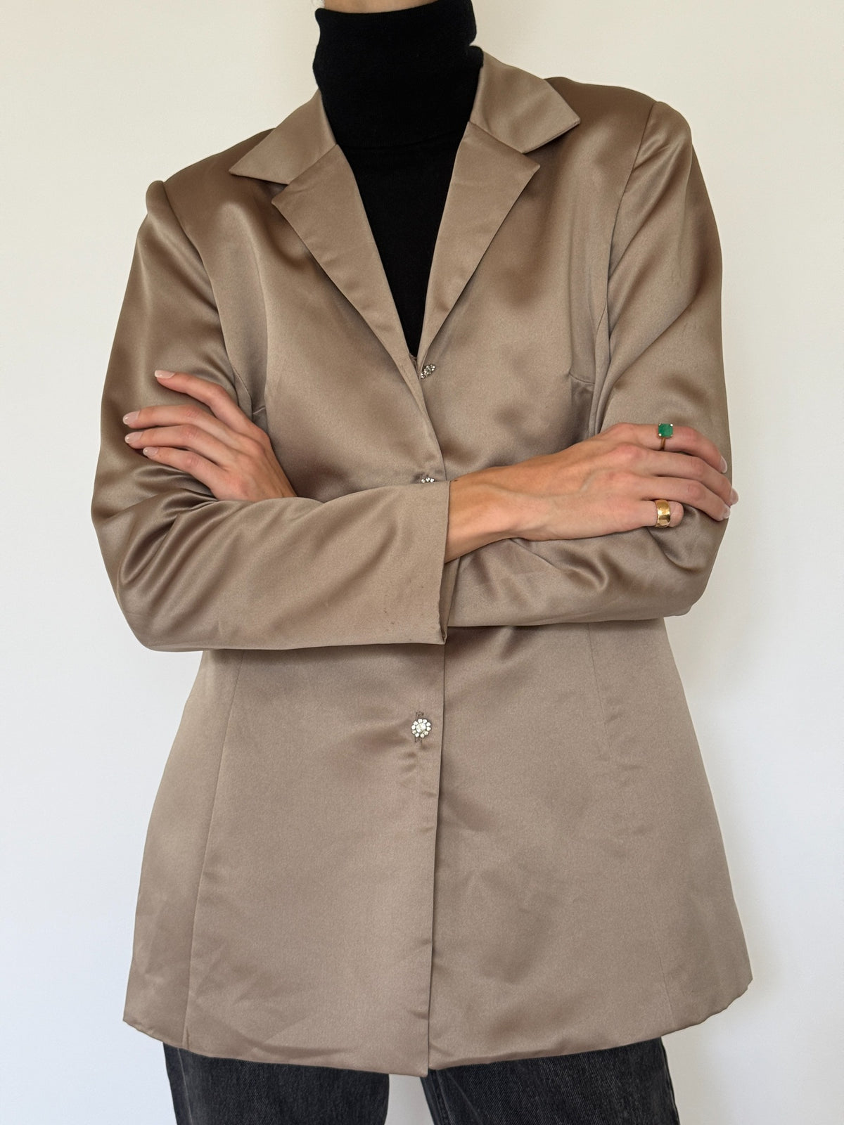 Vintage champagne satin blazer with rhinestone flower buttons