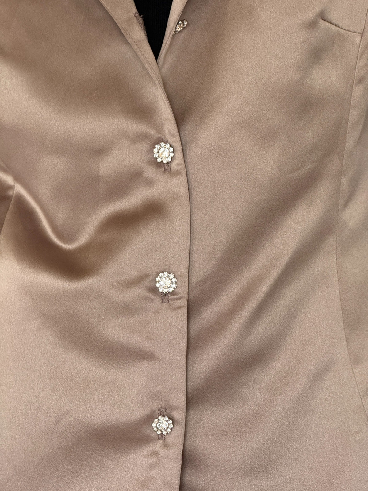 Vintage champagne satin blazer with rhinestone flower buttons