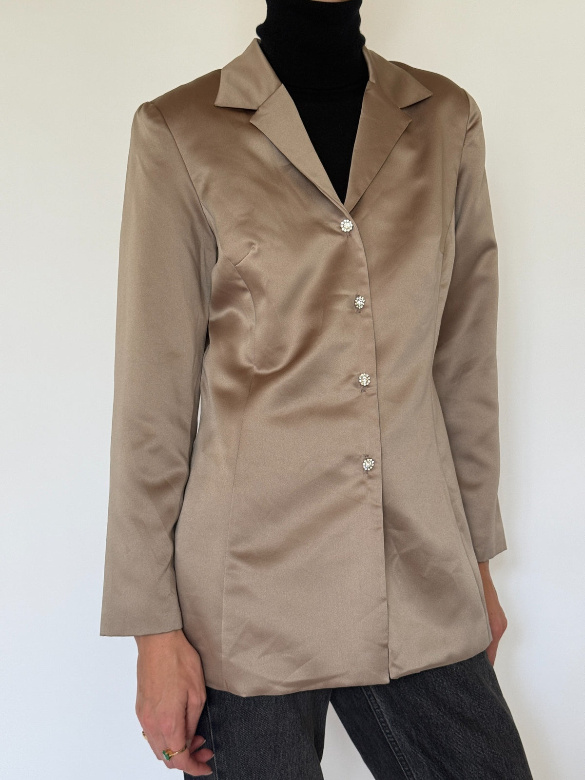 Vintage champagne satin blazer with rhinestone flower buttons