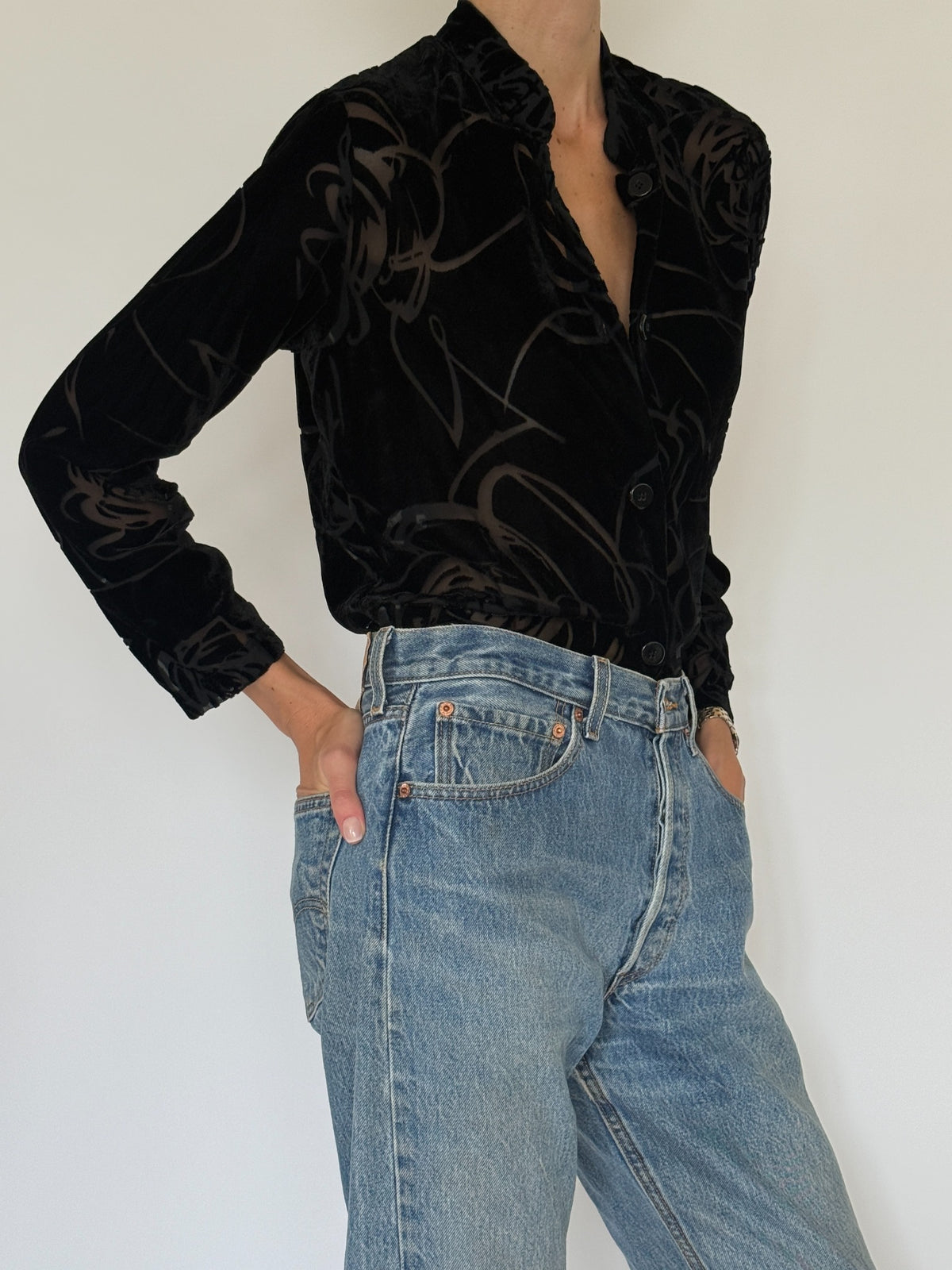 Black floral burnout velvet blouse, SVC 8574