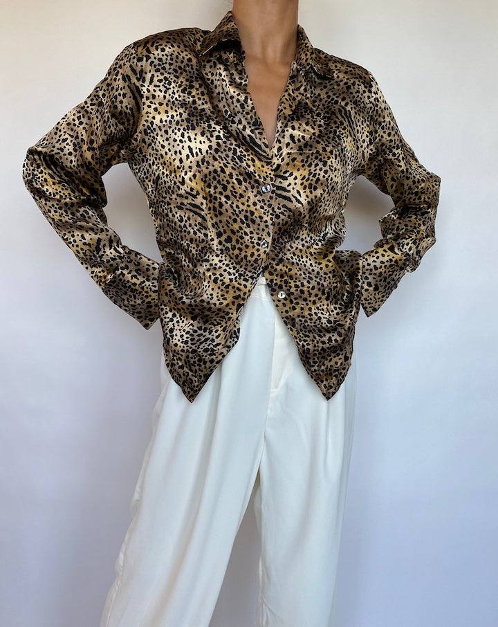 VINTAGE ANIMAL PRINTED PURE SILK BLOUSE 685-3