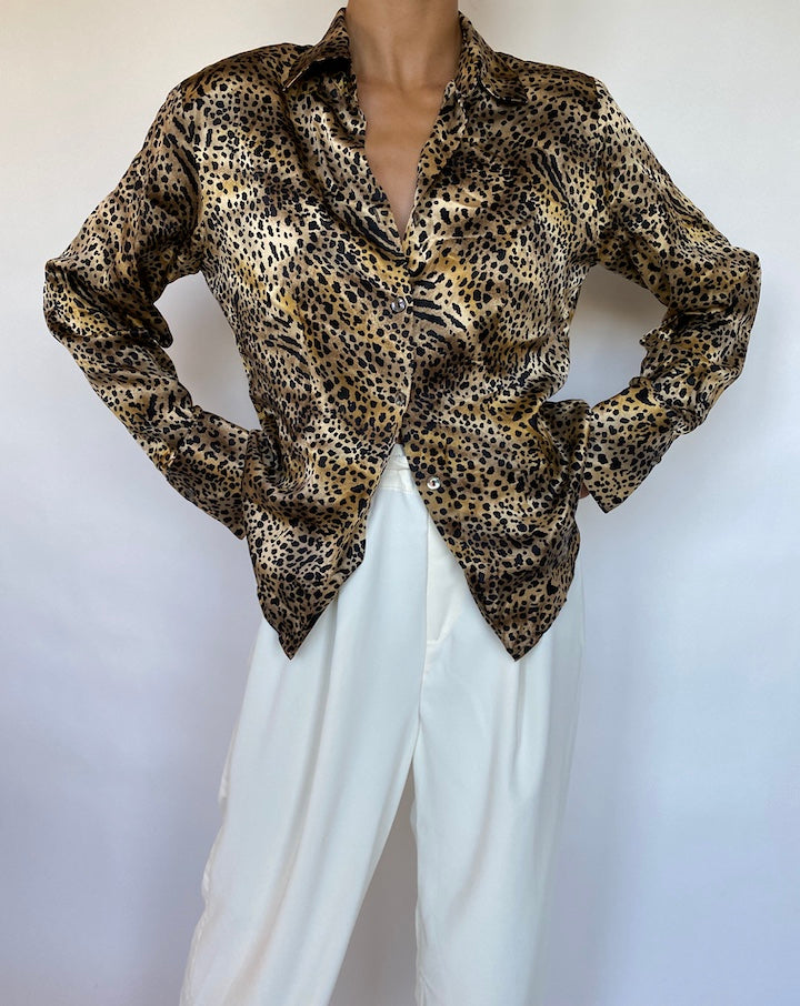 VINTAGE ANIMAL PRINTED PURE SILK BLOUSE 685-4