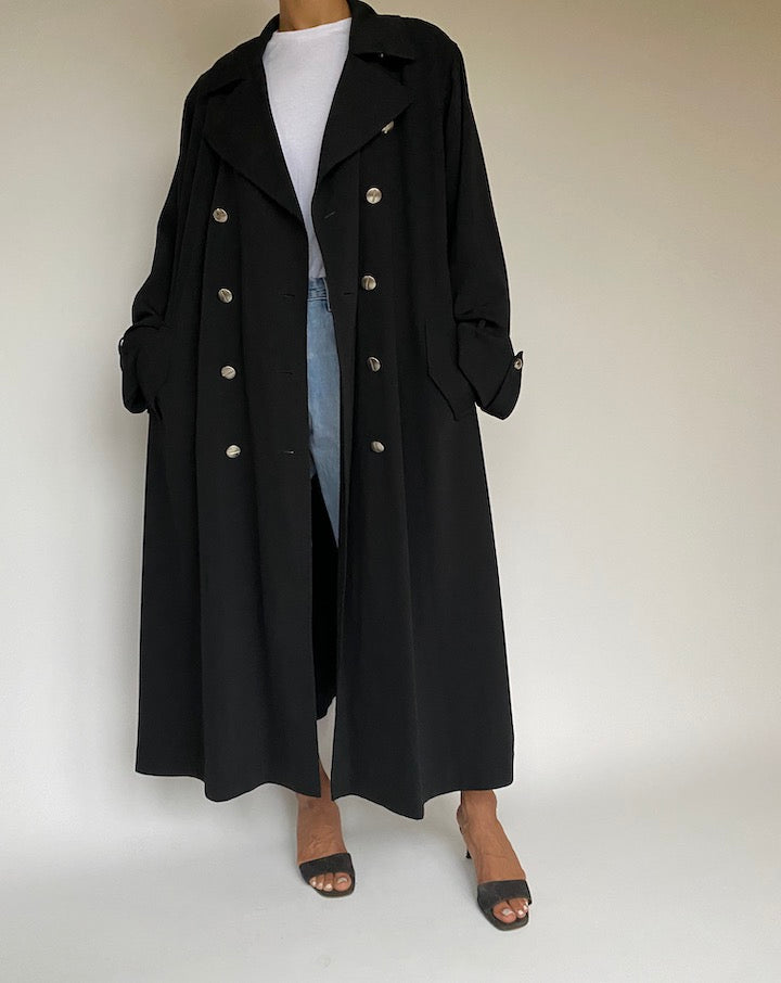 VINTAGE BEAUTIFUL BLACK LONG TRENCH COAT 1006-4