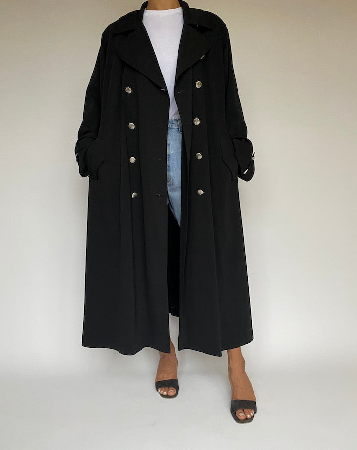 VINTAGE BEAUTIFUL BLACK LONG TRENCH COAT 1006-5