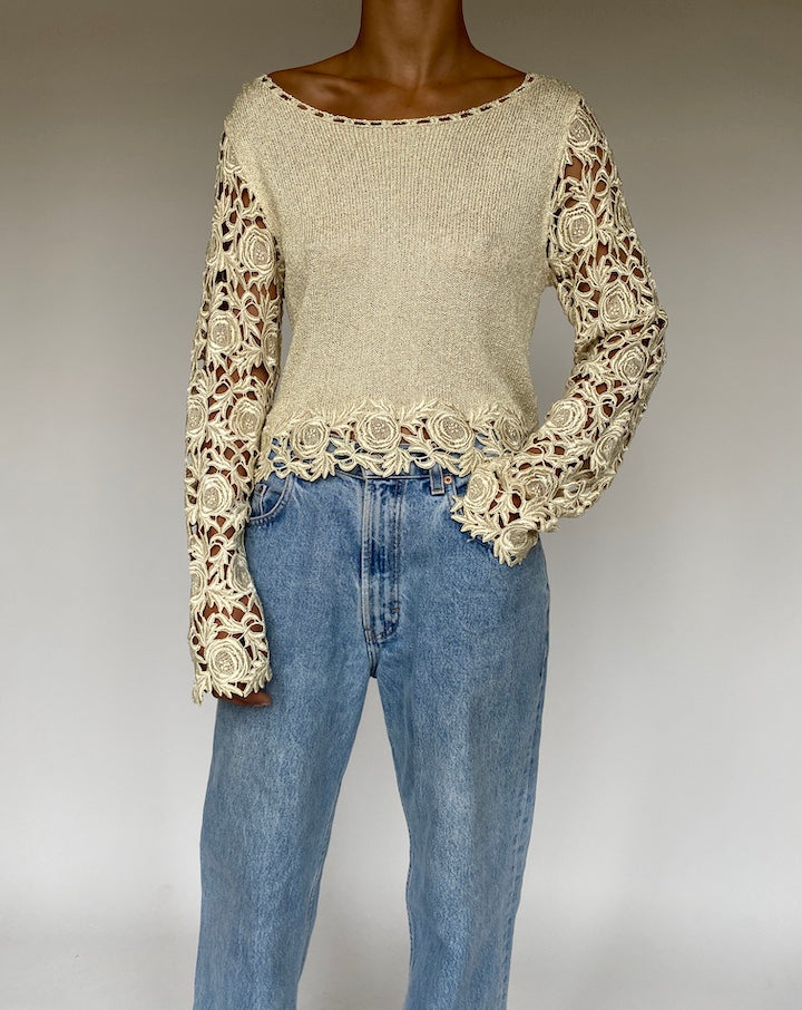 VINTAGE BEIGE CROCHET LONG SLEEVE TOP 711-3