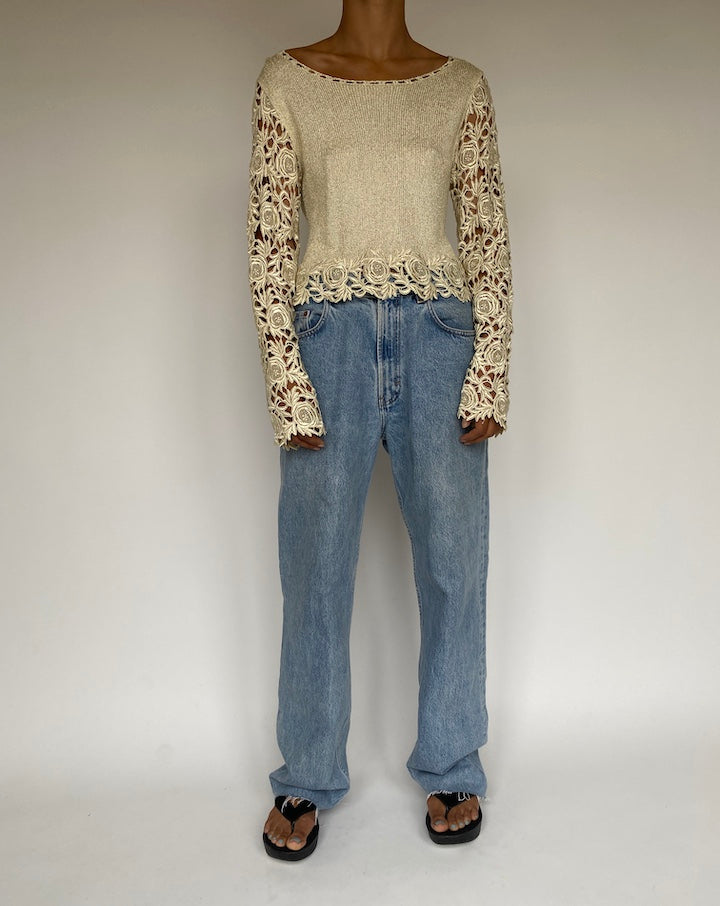 VINTAGE BEIGE CROCHET LONG SLEEVE TOP 711-5