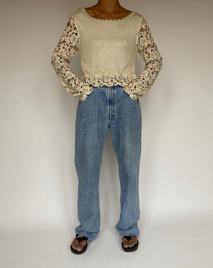 VINTAGE BEIGE CROCHET LONG SLEEVE TOP 711
