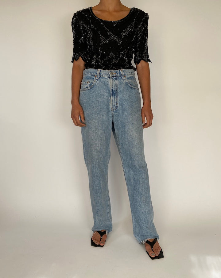 VINTAGE BLACK BEADED SHORT SLEEVE TOP 2286