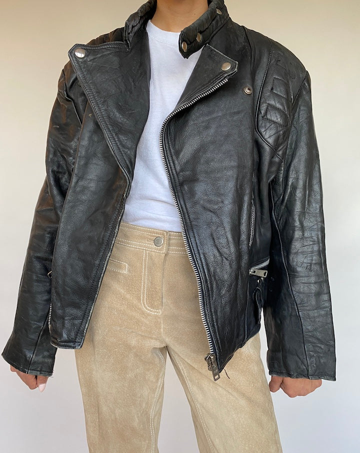 VINTAGE BLACK BIKER LEATHER JACKET 584