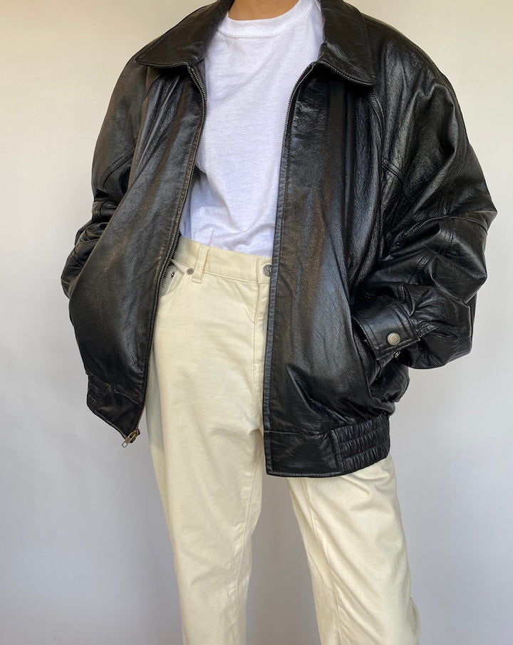 VINTAGE BLACK BOXY LEATHER JACKET 626-4