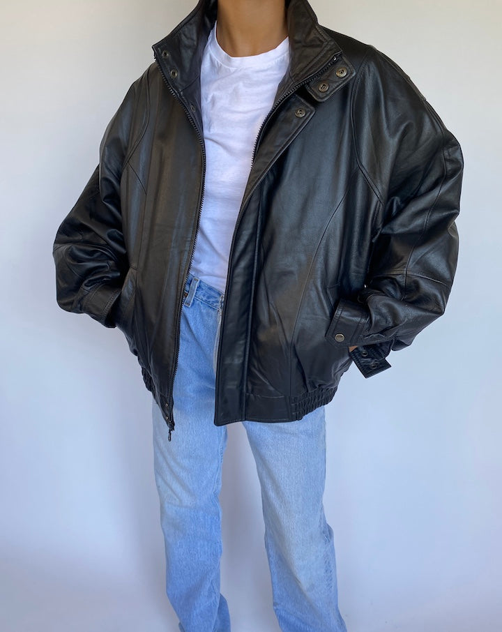 VINTAGE BLACK BOXY LEATHER JACKET 978-6