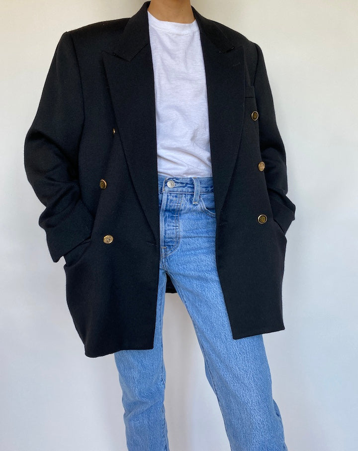 VINTAGE BLACK DOUBLE BREASTED BLAZER 087-4