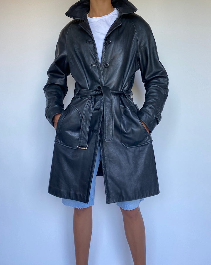 VINTAGE BLACK LEATHER TRENCH 915-3