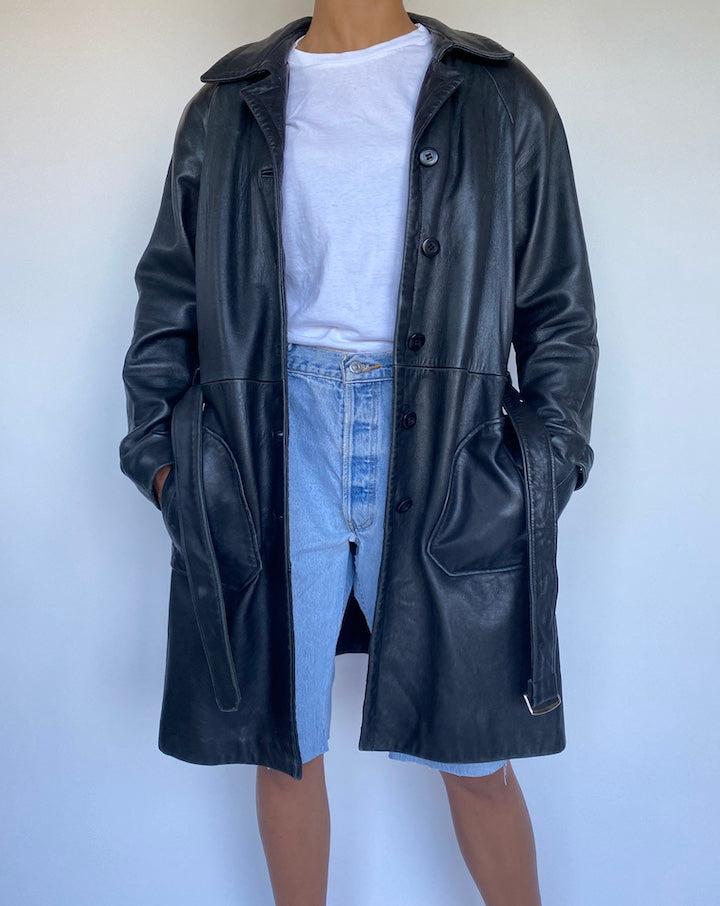 VINTAGE BLACK LEATHER TRENCH 915