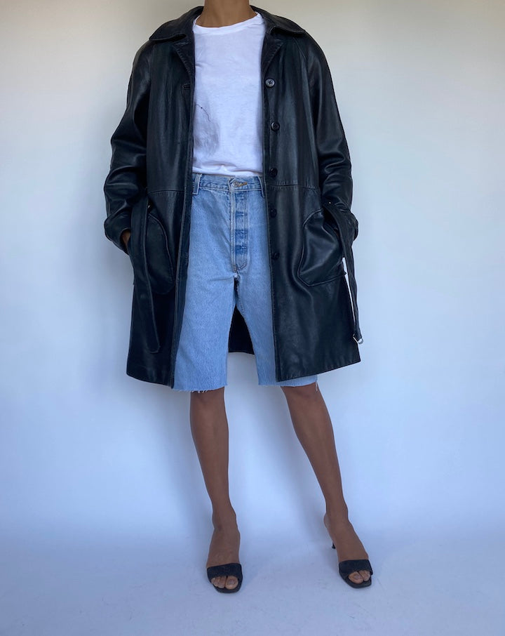VINTAGE BLACK LEATHER TRENCH 915