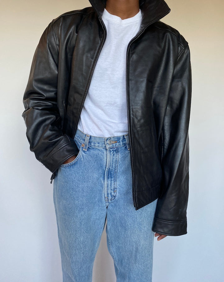 VINTAGE BLACK OVERSIZED LEATHER JACKET 1290