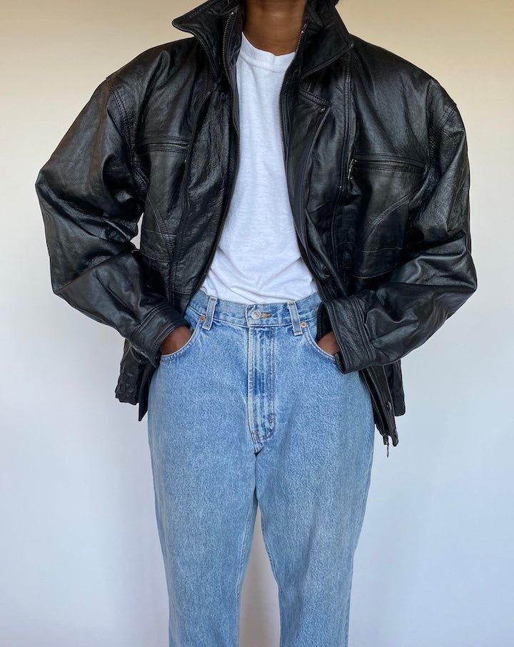 VINTAGE BLACK OVERSIZED LEATHER JACKET 1293-6