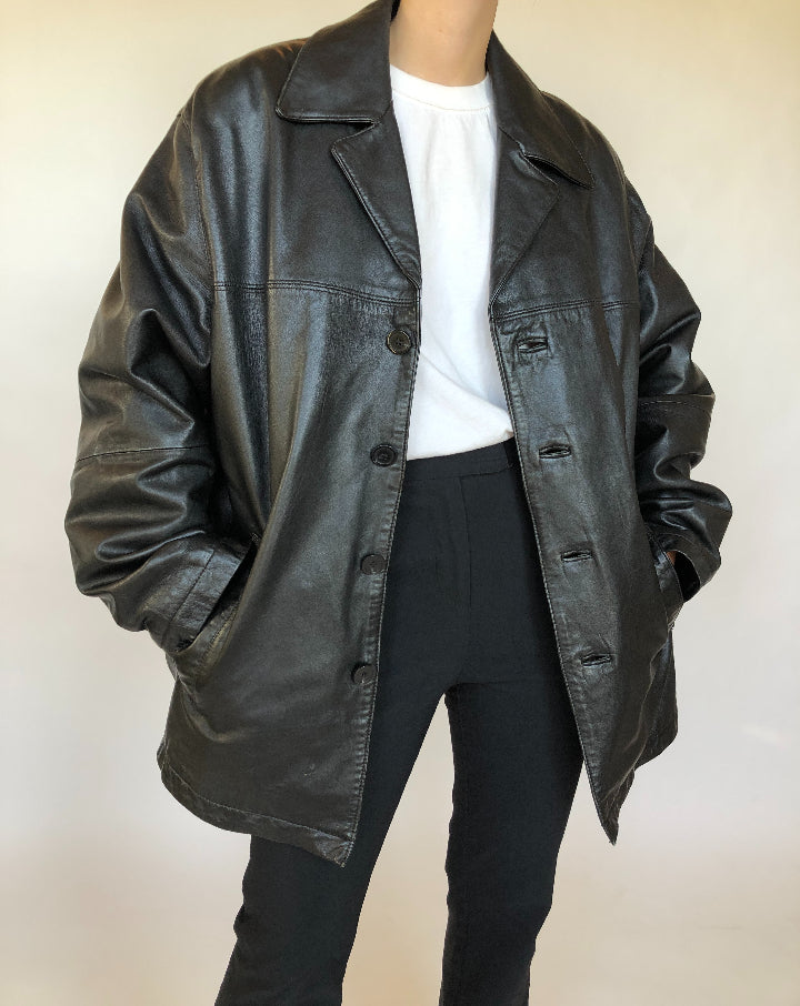 VINTAGE BLACK OVERSIZED LEATHER JACKET 347-2