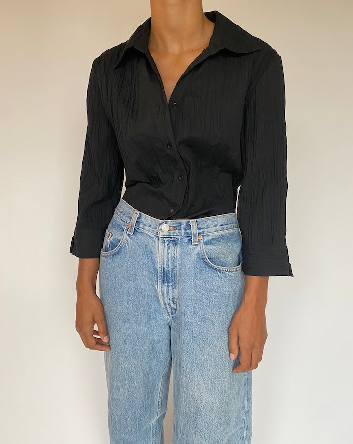 VINTAGE BLACK PLEATED SHIRT BLOUSE 1328-2