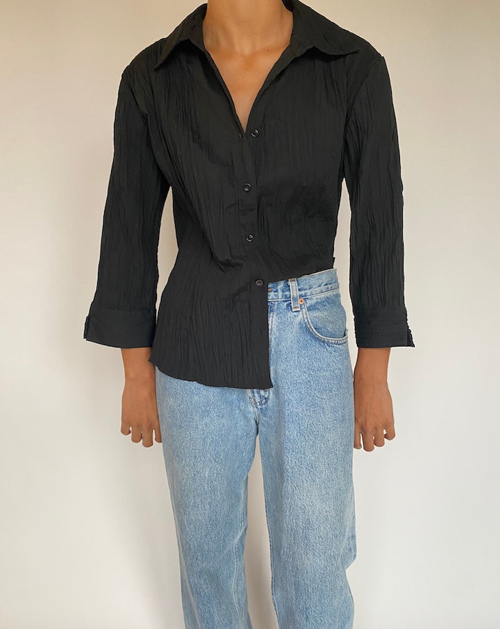 VINTAGE BLACK PLEATED SHIRT BLOUSE 1328-3