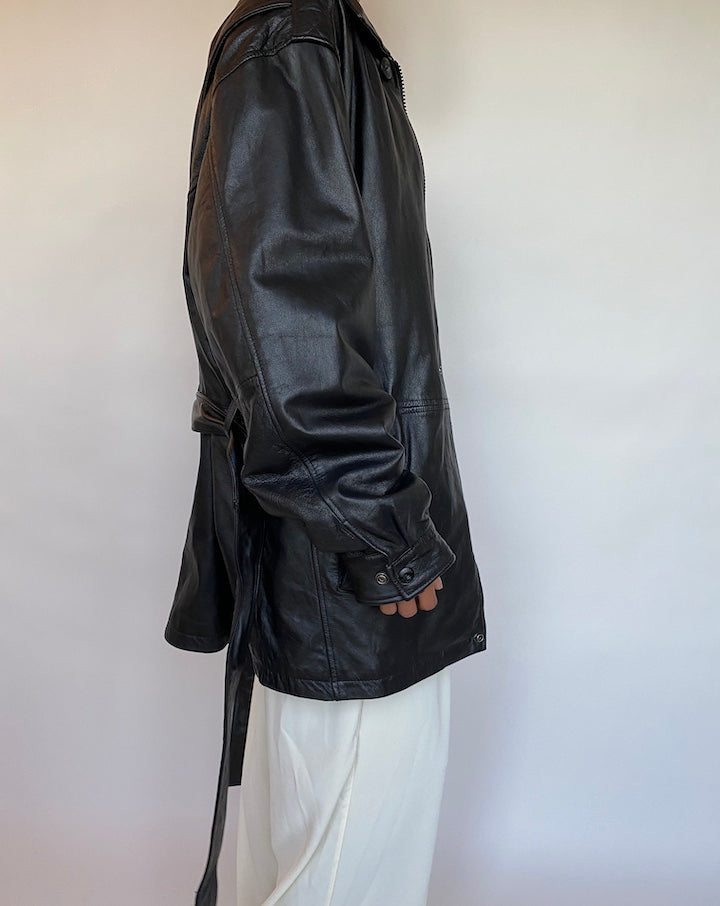VINTAGE BLACK SHORT TRENCH LEATHER JACKET 406-4
