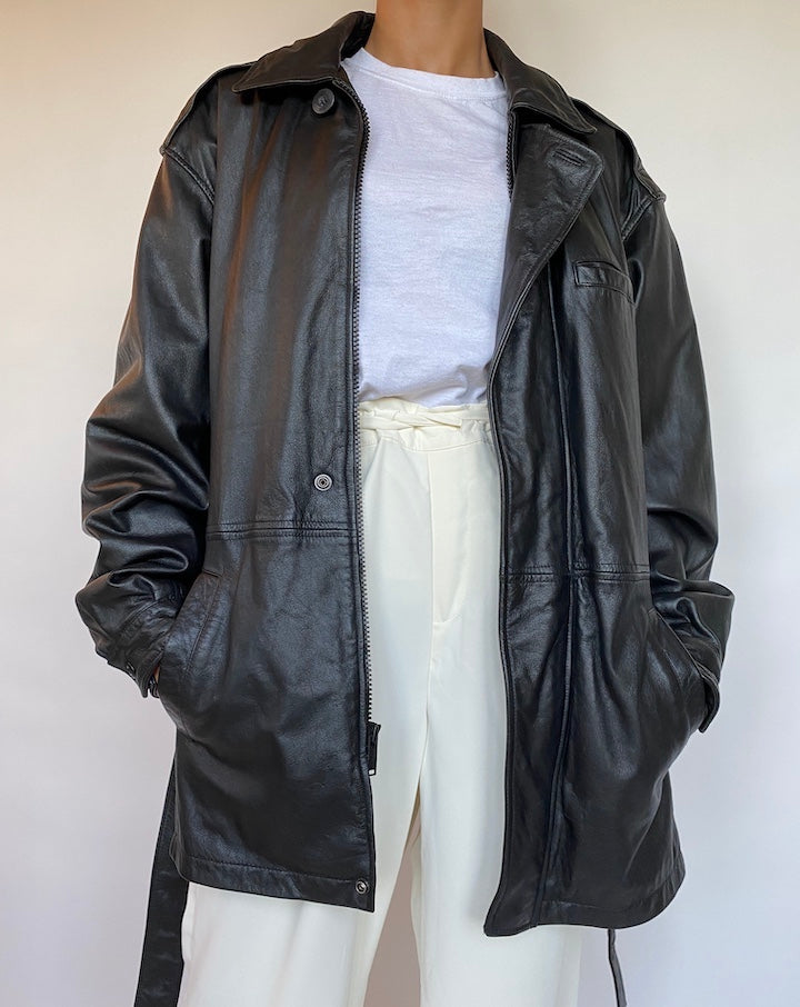 VINTAGE BLACK SHORT TRENCH LEATHER JACKET 406-7