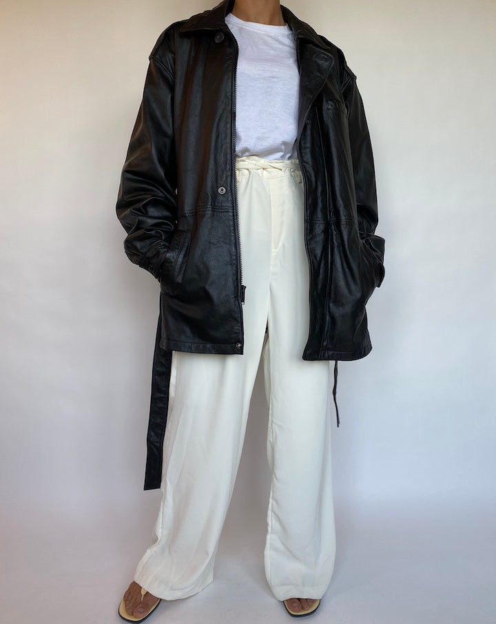 VINTAGE BLACK SHORT TRENCH LEATHER JACKET 406