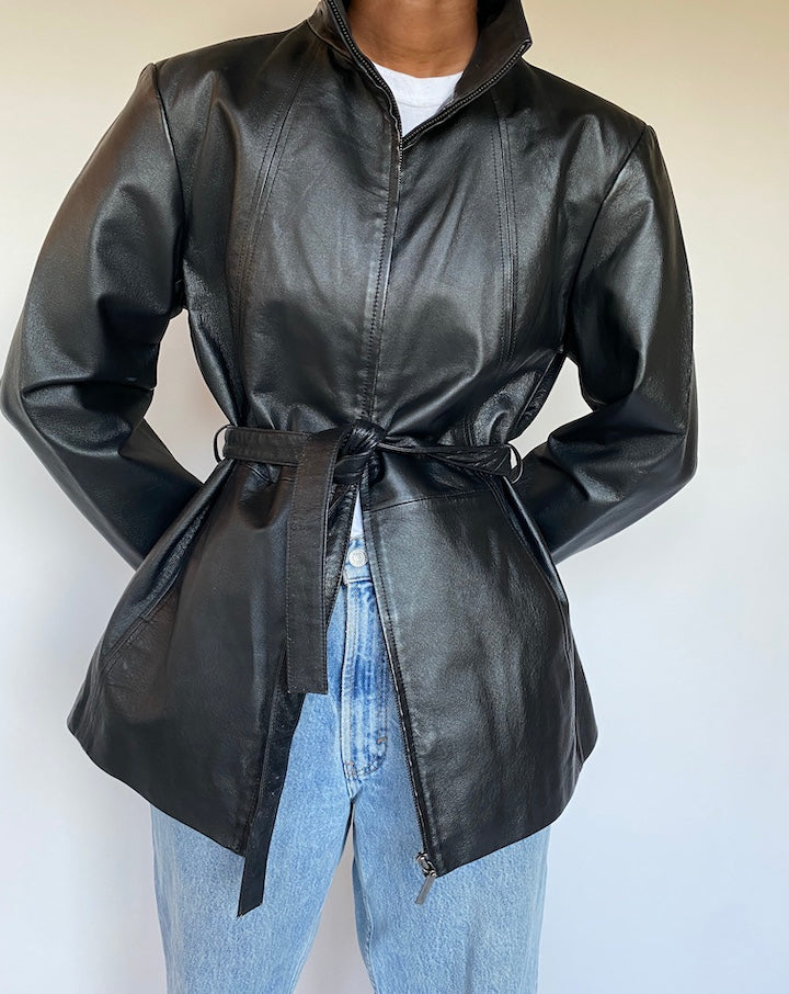 VINTAGE BLACK SHORT TRENCH LETHER JACKET 1288