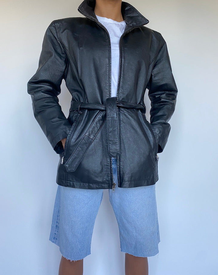 VINTAGE BLACK TRENCH LEATHER JACKET 897-4