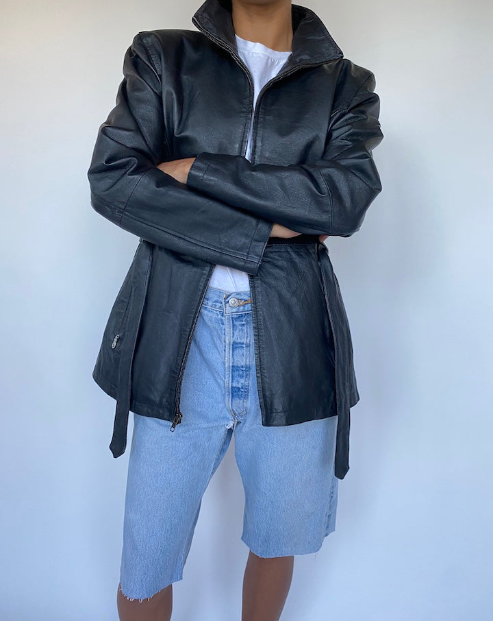 VINTAGE BLACK TRENCH LEATHER JACKET 897