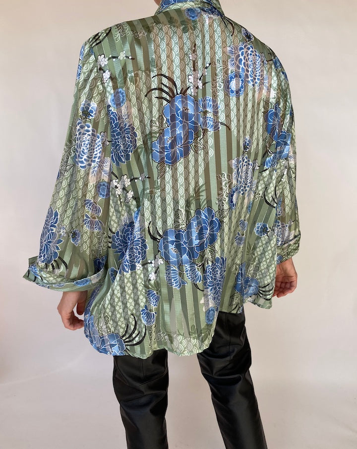 VINTAGE BLUE AND GREEN BUTTON DOWN PRINTED BLOUSE 445