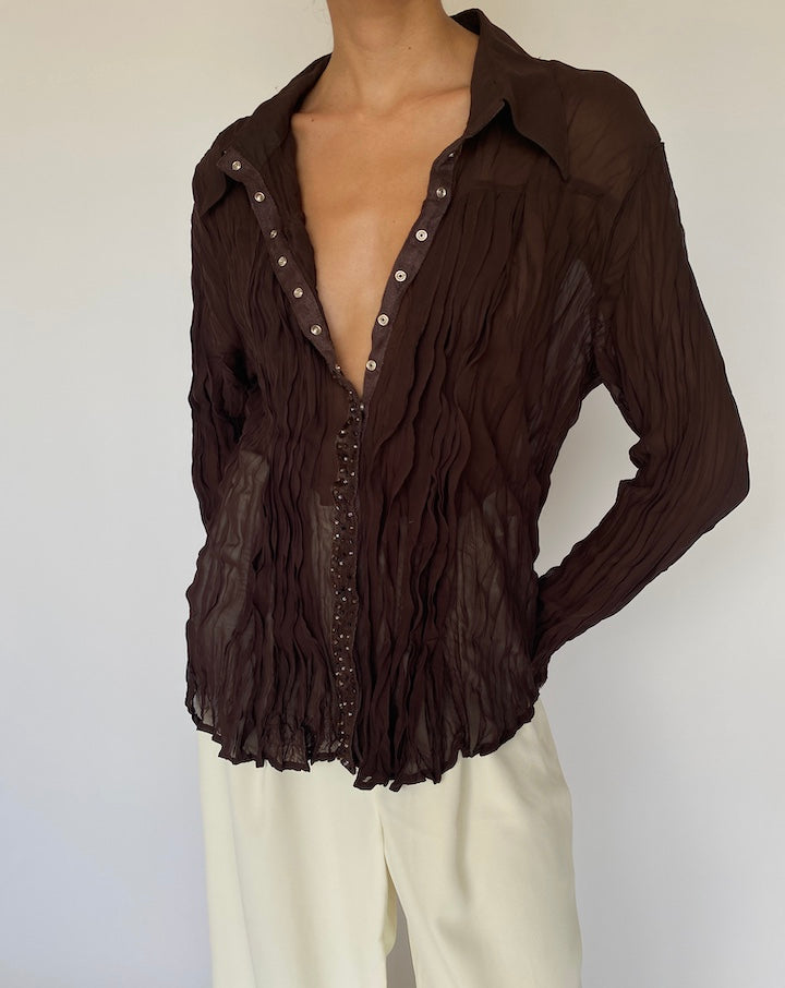 VINTAGE BROWN PLEATED BLOUSE 882-3