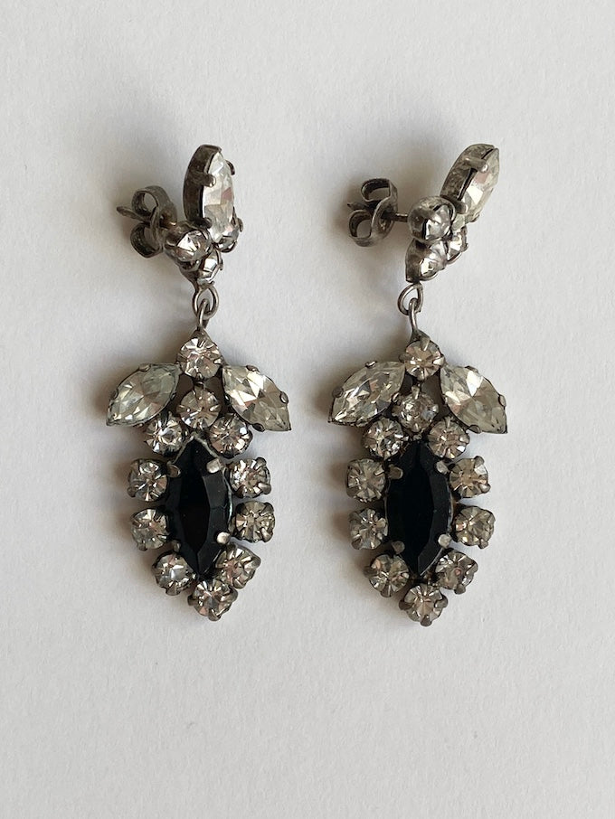 Vintage Dangle Rhinestone Earrings With Black Stone