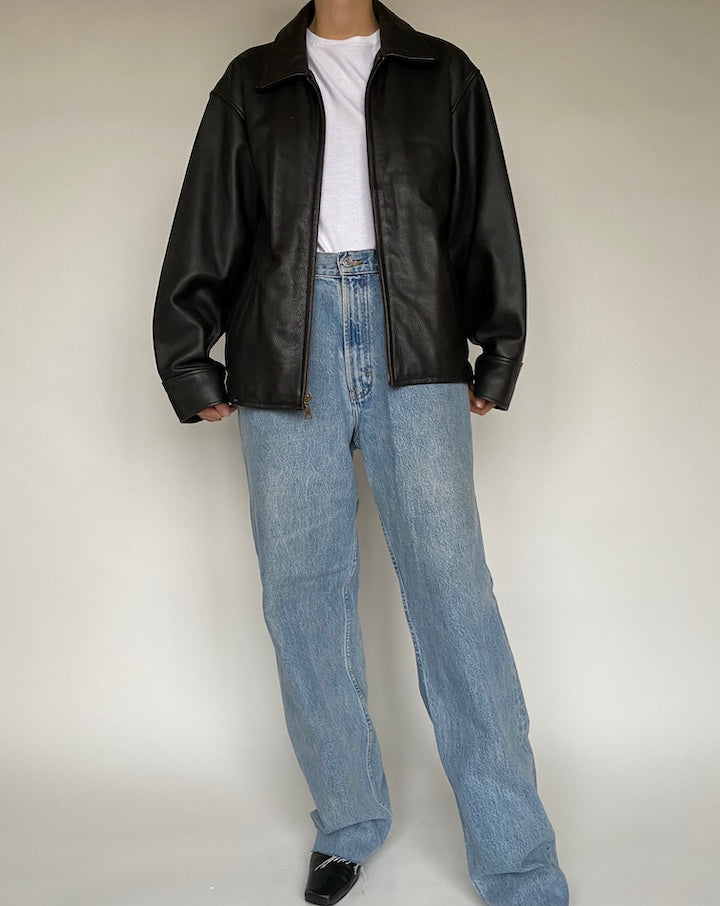 VINTAGE DARK BROWN BOXY LEATHER JACKET 517