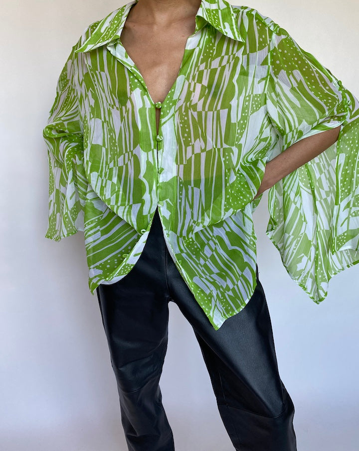 VINTAGE GREEN FLOWY TOP 551-3