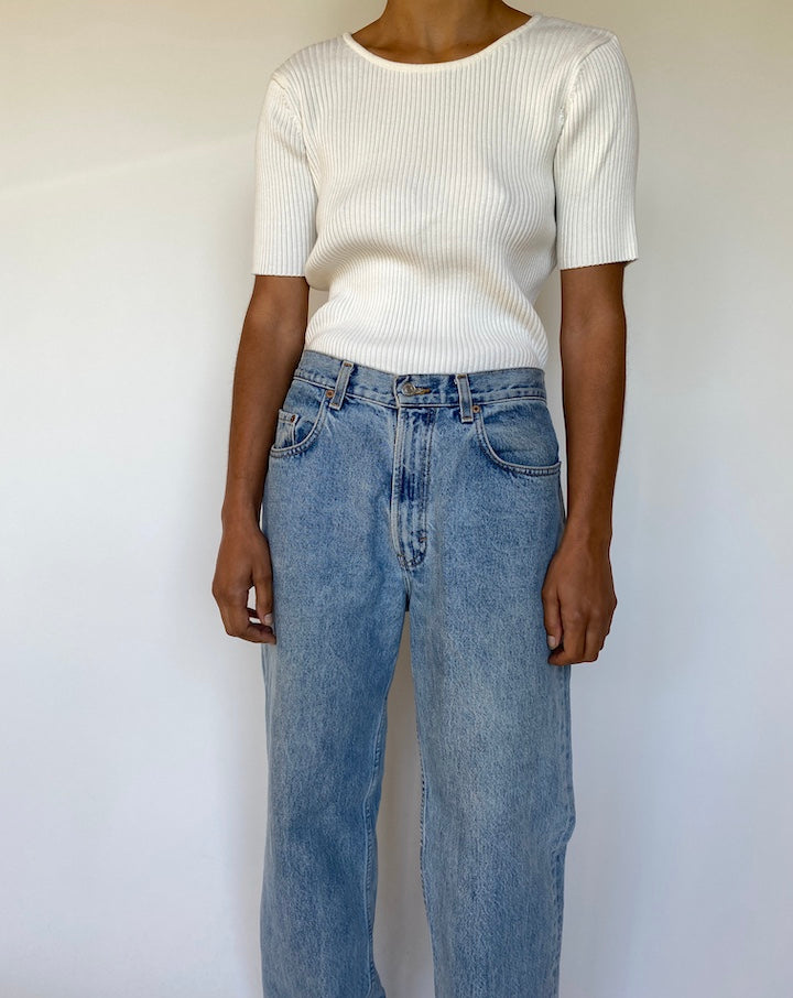 VINTAGE IVORY RIBBED SHORT SLEEVE TOP 1528-3